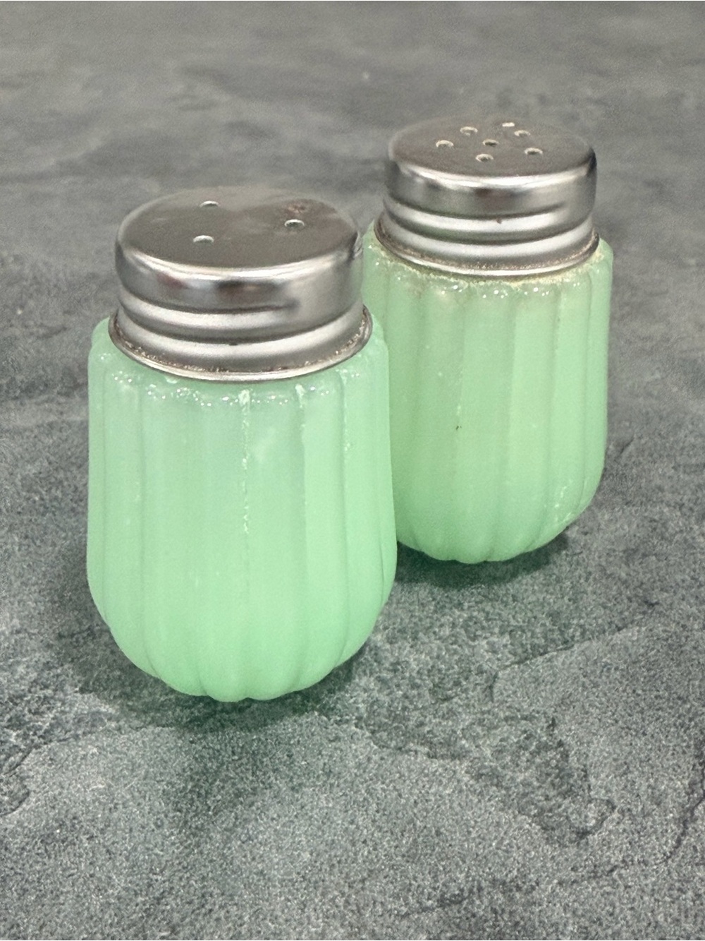 Mint Green Ribbed Glass Salt & Pepper Shaker Set